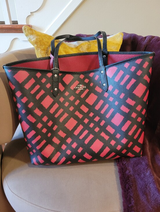 Coach Handbags - Coach Reversible Black & Red Wild Plaid City Tote With Zipperd Pouch.